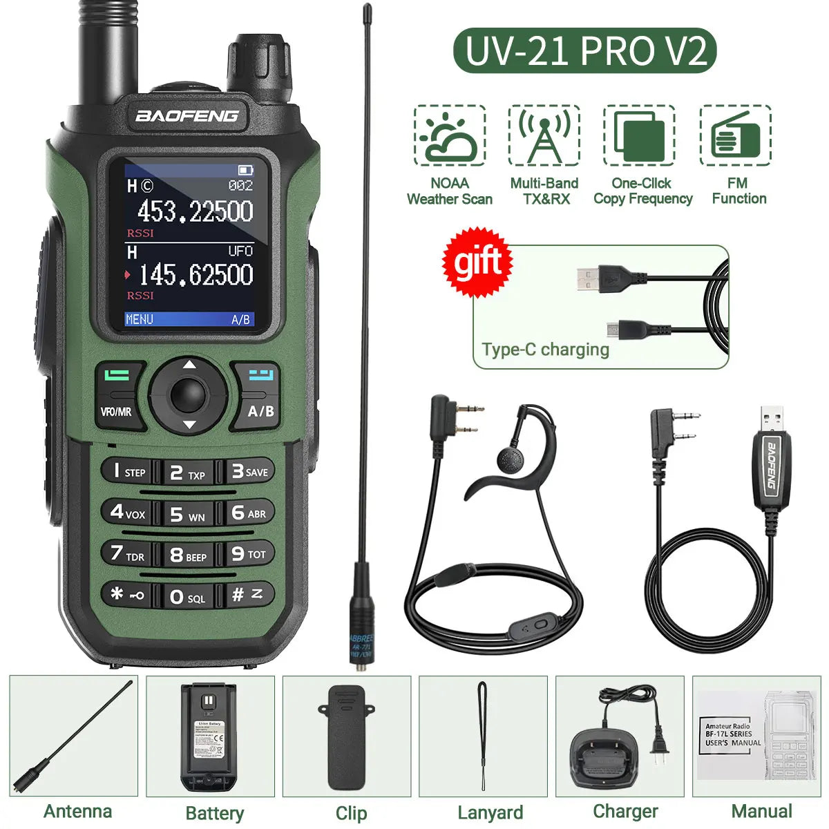 Baofeng UV-21 PRO V2 Walkie Talkie Wireless Copy Frequency 16 KM Long Range TYPE-C Two Way Radio Ham CB Radio UV-5R UV-17