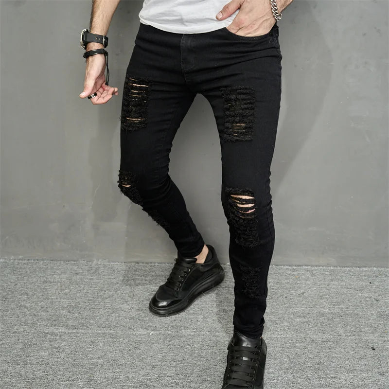 Streetwear Ripped Slim Men Pencil Jeans Pants Stylish Male Hip Hop Stretch Holes Casual Denim Trousers