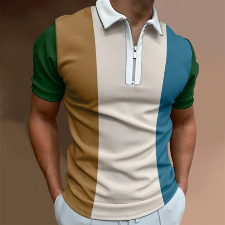 Men's Solid Color Striped Polo Shirt Short Sleeve Golf Turn-down Collar Zipper Polo Shirt&for Men Casual Streetwear Summer Tops