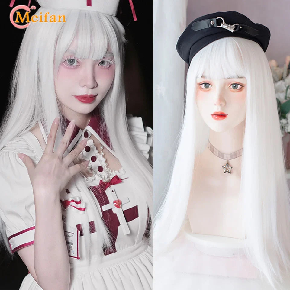 MEIFAN Synthetic Long Straight Lolita Wig with Bangs Wig Girl Cute Mixed Black Red Blonde Cosplay Party Halloween Harajuku Wig