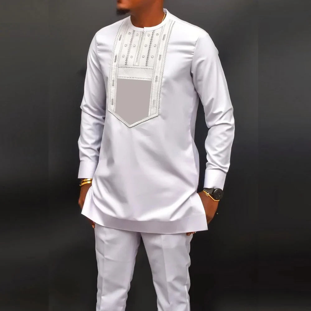 African Men's Kurta Dress White Embroidered Top And Trousers 2 Piece Suit Noble Groom Dress Banquet Ball Fashion Slim Dress Suit