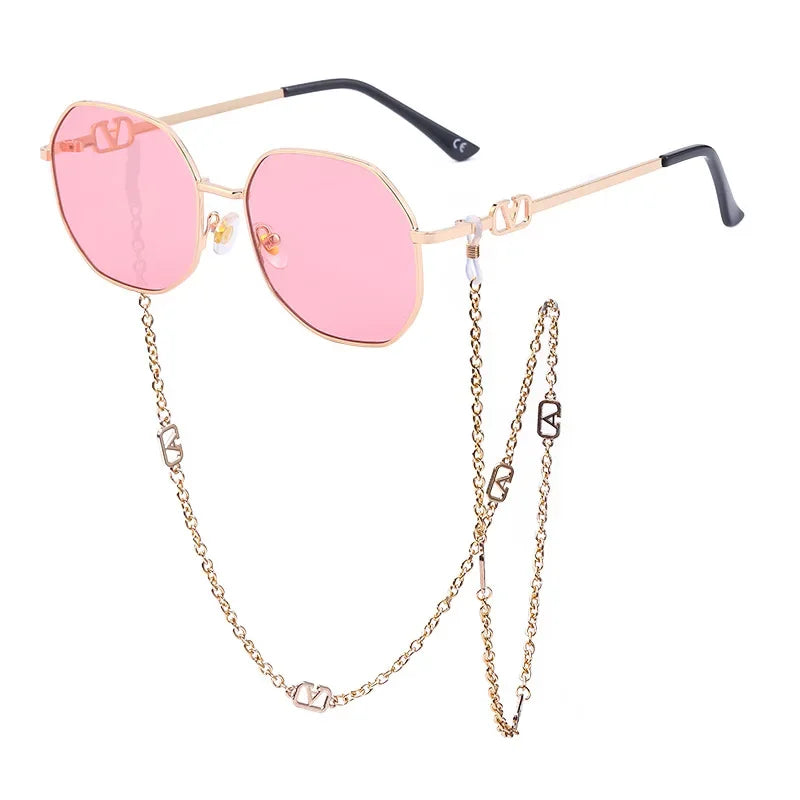 Men Women Punk Sun Glasses Brand Designer Retro Alloy Polygon Sunglasses Women Luxury Shades with A Chain Lanyard Sunglasses