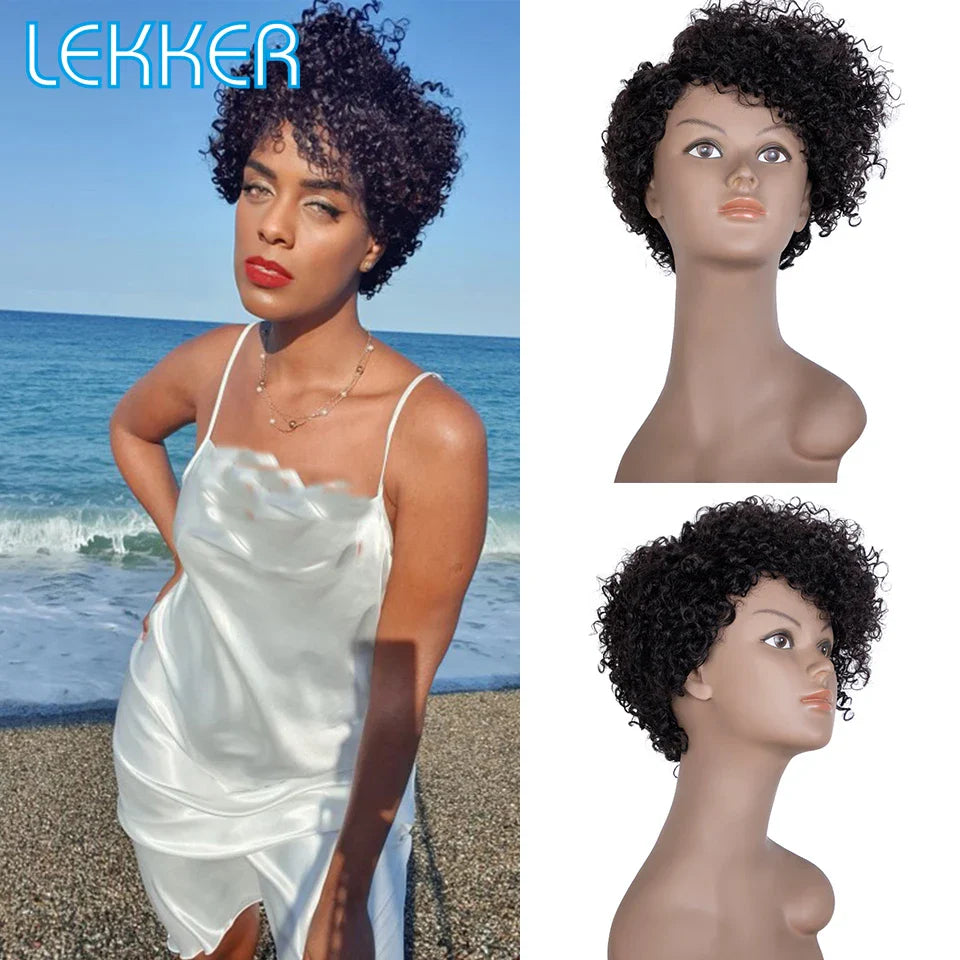 Lekker Short Curly Human Hair Wigs For Black Women Pixie Bob Afro Kinky Brazilian Remy Natural Part Side With Bangs Cheap Wigs