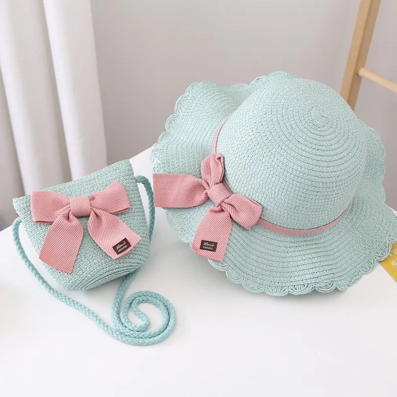 2pcs Set Summer Straw Hat With Bag For Girls Casual Bowknot Sunhat Children Protection Visor Caps Outdoor Beach Bucket Hat