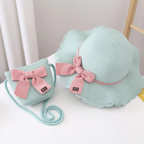 2pcs Set Summer Straw Hat With Bag For Girls Casual Bowknot Sunhat Children Protection Visor Caps Outdoor Beach Bucket Hat