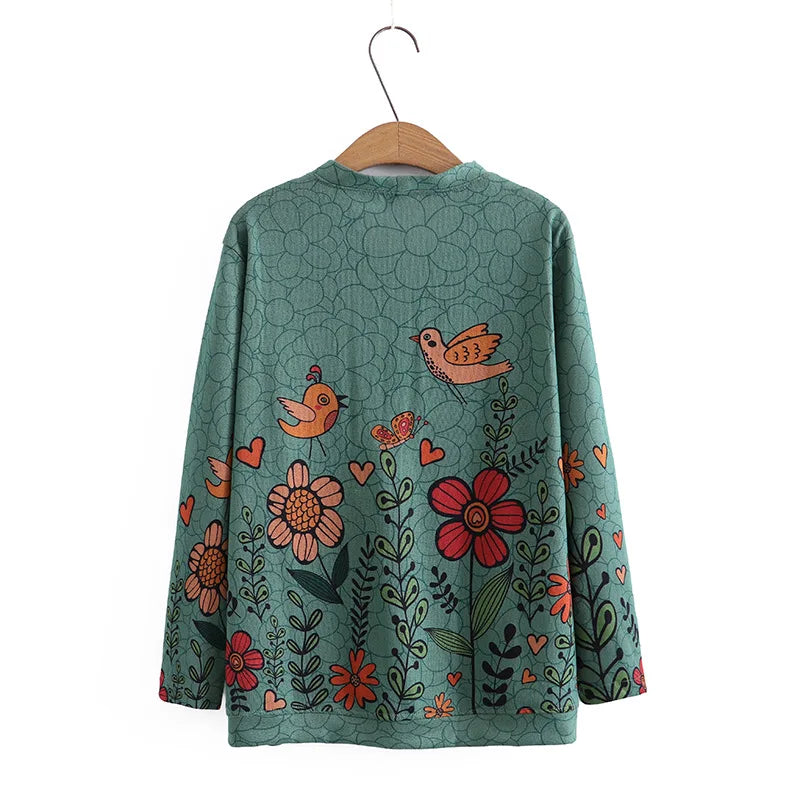 8XL Plus Size Cardigan Women 2023 Spring Print V-Neck Two Pockets Jumpers Long Sleeve Outewear Oversize Curve Clothes