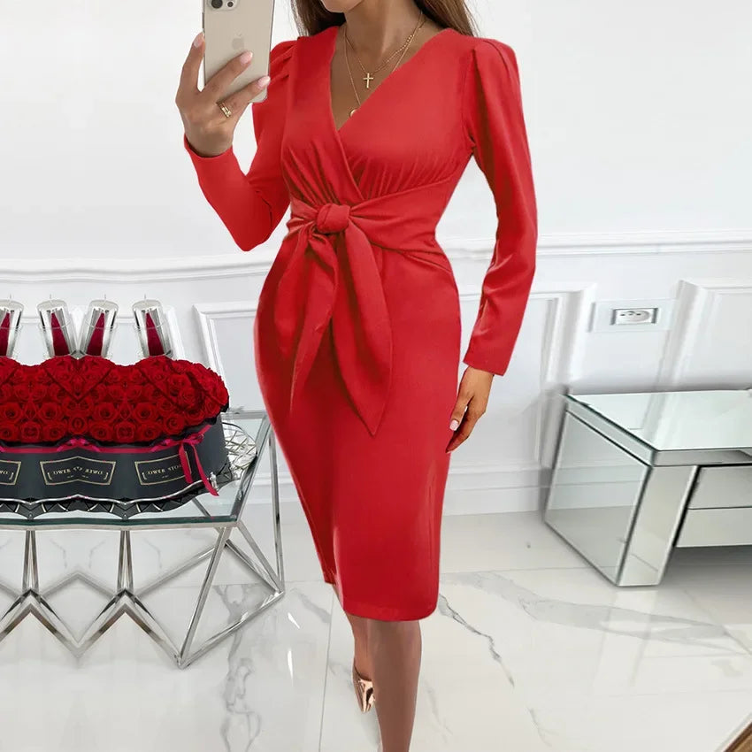 European and American women's V-neck zipper with waistband tight fitting fashionable and sexy long sleeved dress