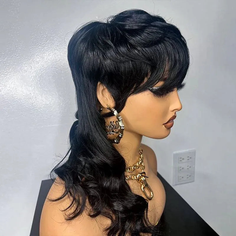 Mullet Wigs Short Pixie Cut Wigs Full Machine Made Wig With Bangs Dovetail Straight Highlight Blonde Remy Human Hair For Women