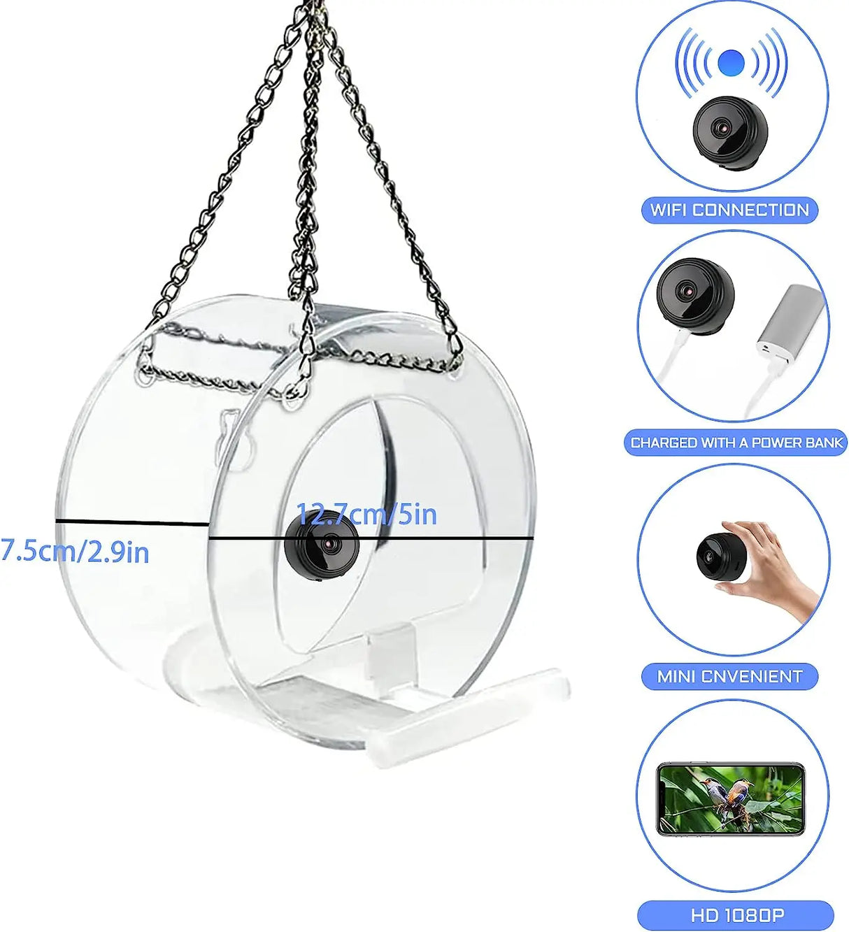 Bird Feeder with Camera, Acrylic Hanging Smart Bird Feeder House with 1080p Night-Version Video Camera WiFi Remote Bird Watching