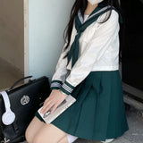 Japanese School Girl Uniform XS-XL JK Green Sailor Basic Cartoon Three Lines Sailor Uniform Sets Navy Costume Women Girl Costume