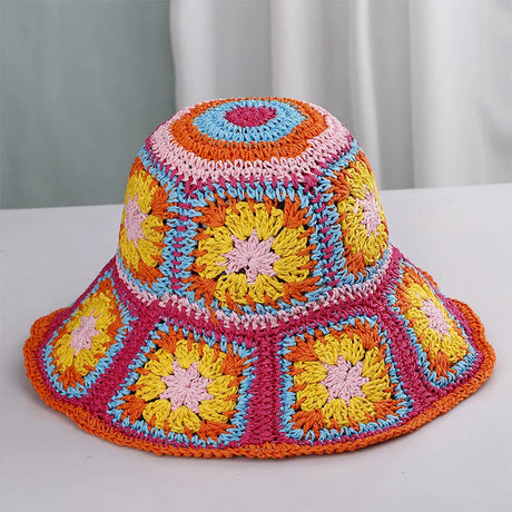 Colorful Crochet Straw Bucket Hat Handmade Knitted Flowers Beach Fisherman Hat for Women Sunshade Cap Vintage Accessories