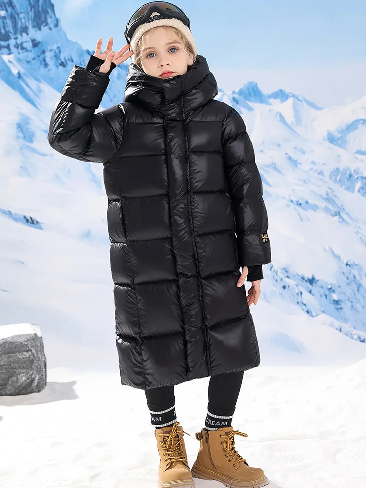 Girls Boys Down Jacket Long Ultra Thick Parkas Black Child Hooded Warm Coats Winter Clothes For Baby Padded Snowsuit XMP548