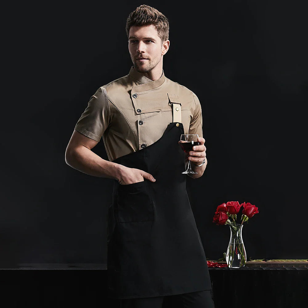 Khaki Chef Uniform Catering Workwear Head Chef Shirts Cooking Coat Chef Jacket Summer Restaurant Barber Shop Waiter Shirt Apron