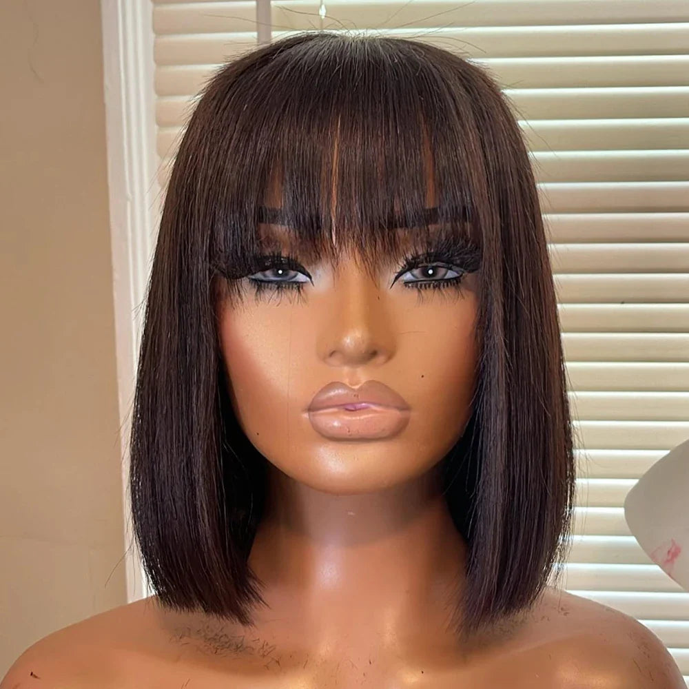 Straight Bob Wig With Bangs Natural Short Straight Wigs For Black Women Machine Made Glueless Brazilian Virgin Hair Bangs Wigs