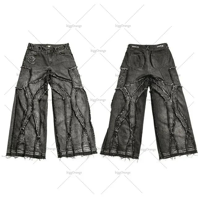 European and American Fashionable High-waisted Trousers Raw Edge Washed Jeans Men Street Loose Oversized Straight Wide-leg Pants