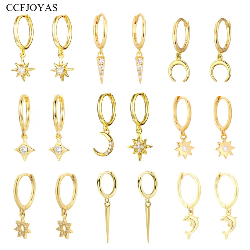 CCFJOYAS 925 Sterling Silver Lightning/Awl/Animal Pendant Hoop Earrings for Women Gold Silver Color Earrings Fashion Jewelry