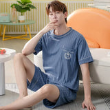 Cartoon Mens Nightwear Summer Comfortable Sleepwear Sleeping Tops Shorts 2 Pieces Pijamas Set Man Leisure Homewear Male Dropship