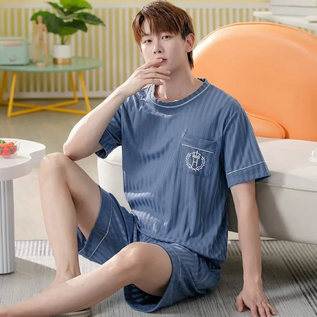 Cartoon Mens Nightwear Summer Comfortable Sleepwear Sleeping Tops Shorts 2 Pieces Pijamas Set Man Leisure Homewear Male Dropship