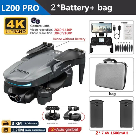 L200 PRO MAX Drone 4K Professional 2-Axis Gimbal 360° Obstacle Avoidance Brushless Motor GPS Quadcopter FPV RC Drones