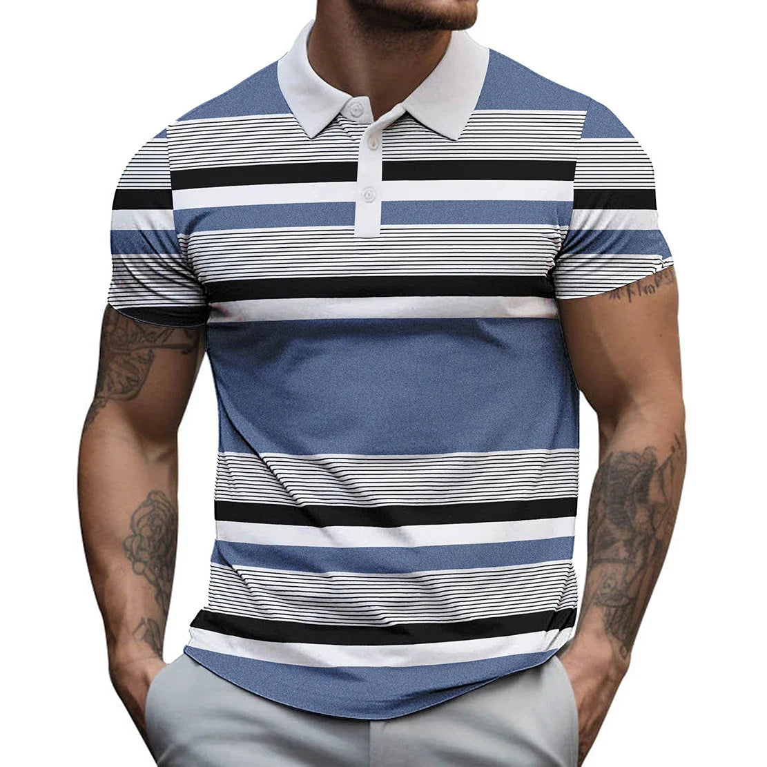 2023 New Men's Button Polo Shirt Fashion Line Checker 3D Print High Quality Summer Casual Short Sleeve Street Breathable T-shirt