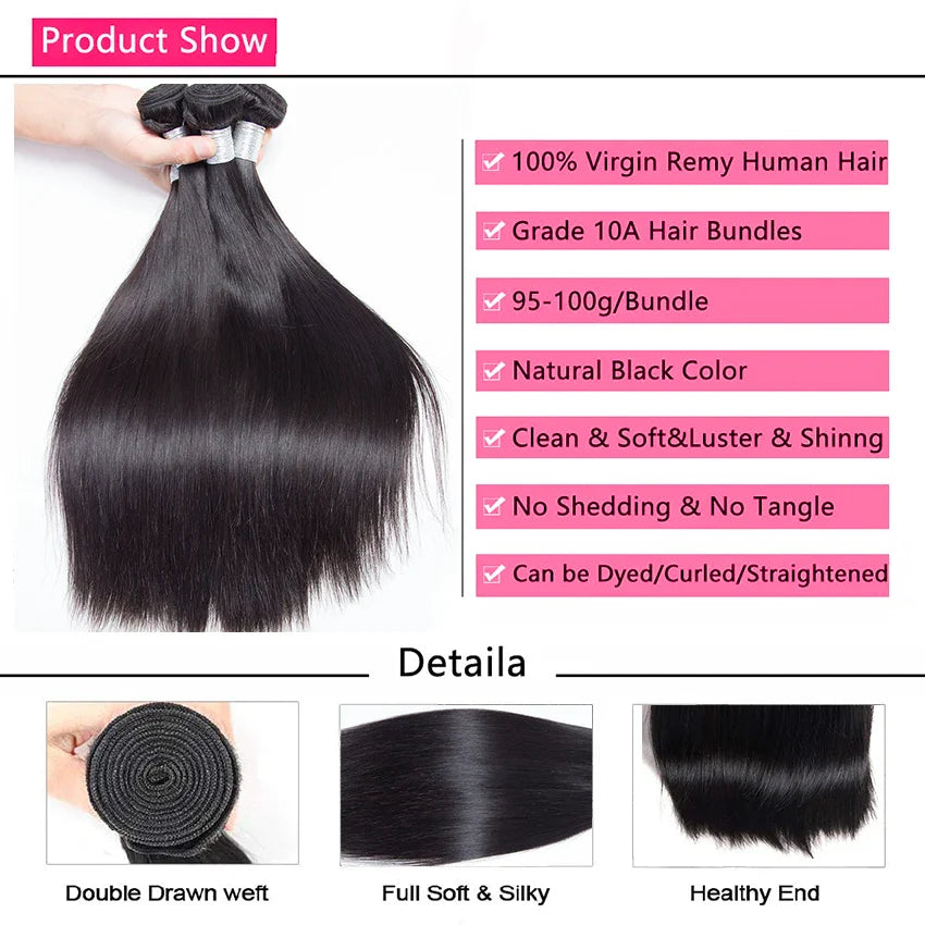 Human Hair Bundles 1/3/4 Piece Hair Extension For Women Brazilian Straight Human Hair Weave Bundles Natural Black 12A Iwish Hair