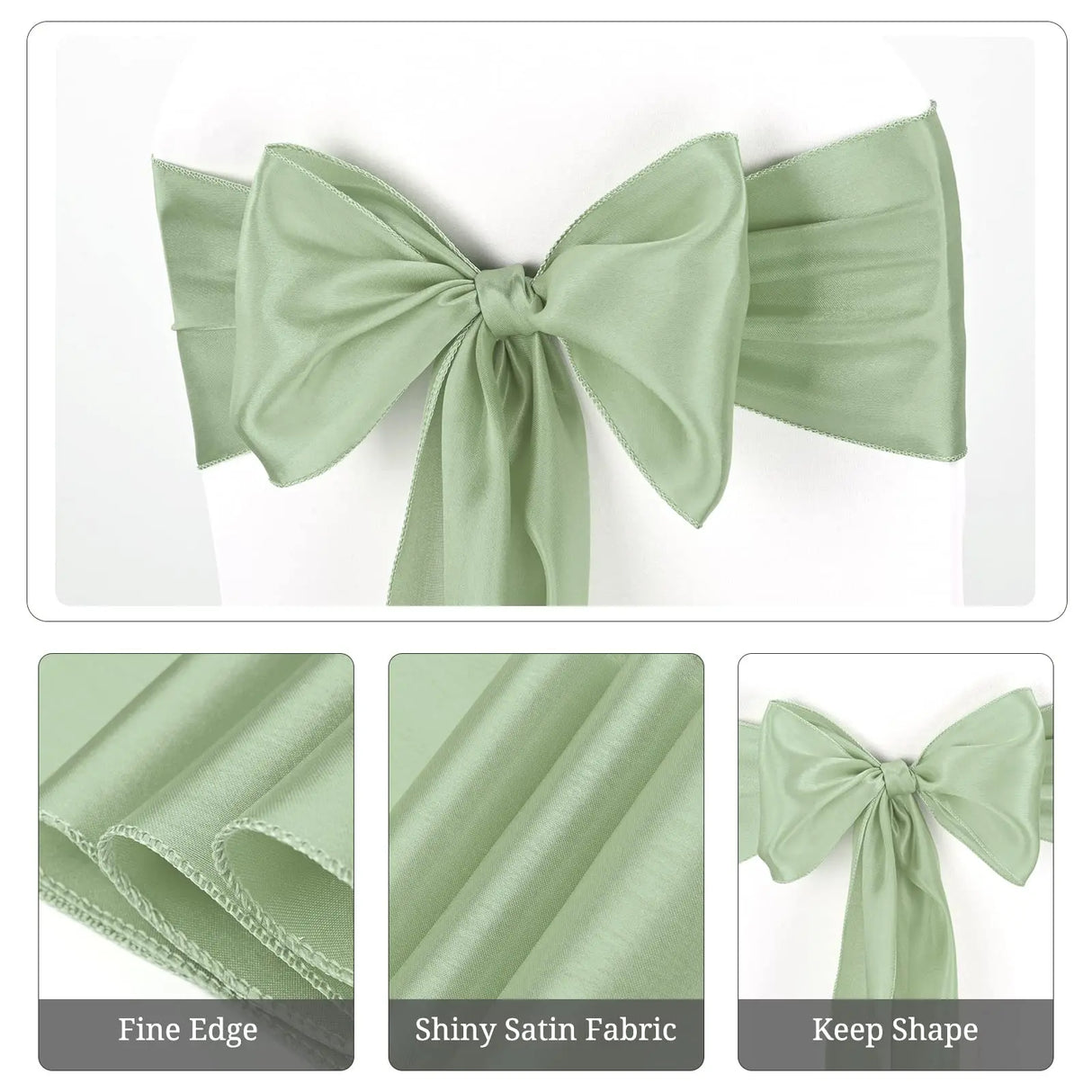 10PCS 17x275cm Sage Green Satin Chair Sashes Bows Chair Cover Ribbons for Wedding Banquet Party Baby Shower Event Decorations