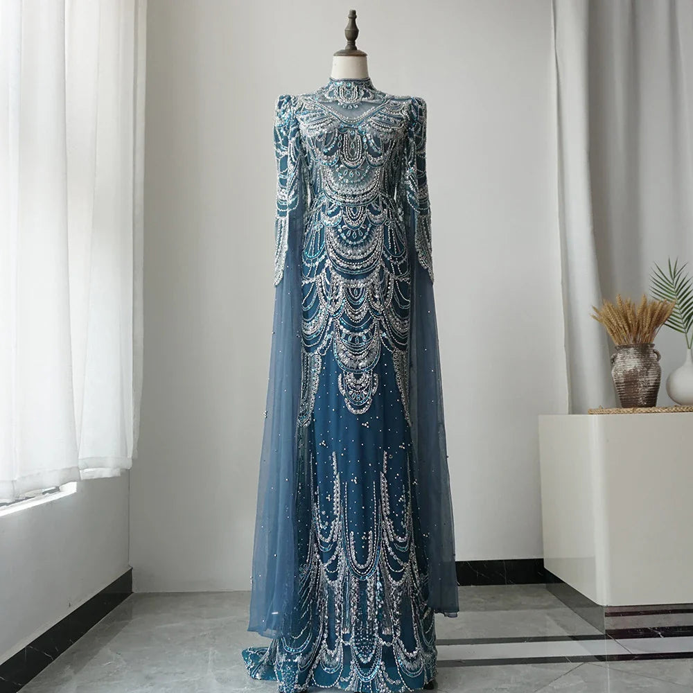 Hot Sale  Arabic Blue Mermaid Lace Beaded Formal Occasion Evening Dresses With Cape For Woman Wedding Prom Party Gowns LA72033