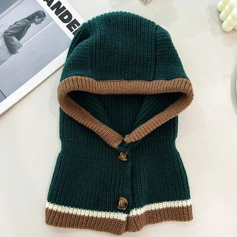 Korean Balaclava Beanie Cap Winter One Piece Knitted Scarf Hat Hood Neckerchief Women Neck Collar Warmer Thickened Hooded Hats