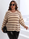 GIBSIE Plus Size Drop Shoulder Button Detail Striped O-Neck Sweater Women 2023 Autumn Winter Korean Loose Knitted Jumper Female