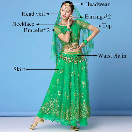 New Bollywood Costume Set Belly Dance Performance Clothes Chiffon Sequin Skirt Set Adult Women Indian Dance Costume Set