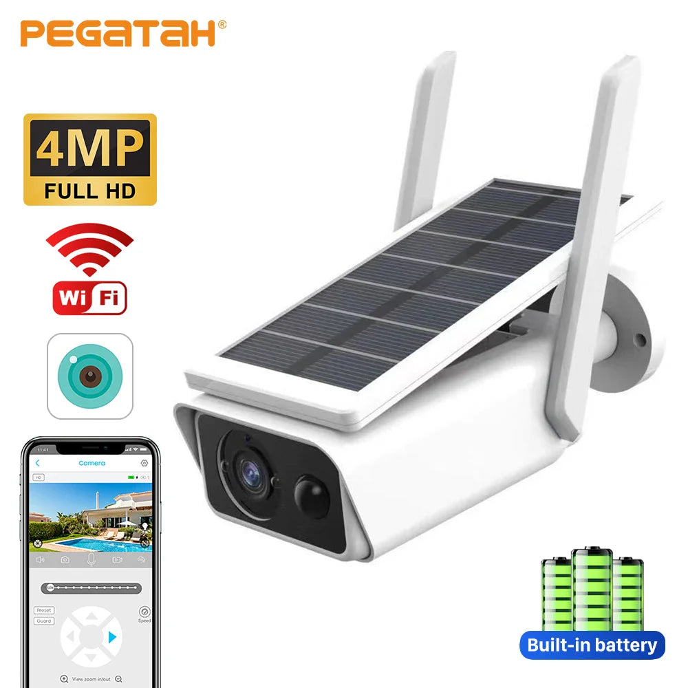 PEGATAH 4MP Wifi Solar Camera Wireless Battery Powered Outdoor IP Camera IP66 PIR Video Surveillance Security Bullet Cameras