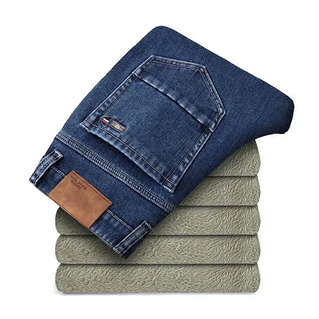 2023 Winter New Men's Warm Baggy Fleece Jeans Long Pants Business Fashion Thicken Trousers Stretch Brand Denim Recreation