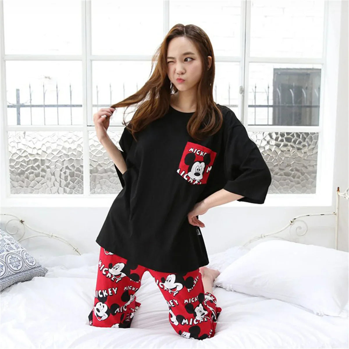 hibobi 2-Piece Spring Long Sleeved Round Neck Pajamas Loungewear Set Women's Cartoon Cute Fashion Pajamas Pajama Pants Set