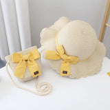 2pcs Set Summer Straw Hat With Bag For Girls Casual Bowknot Sunhat Children Protection Visor Caps Outdoor Beach Bucket Hat