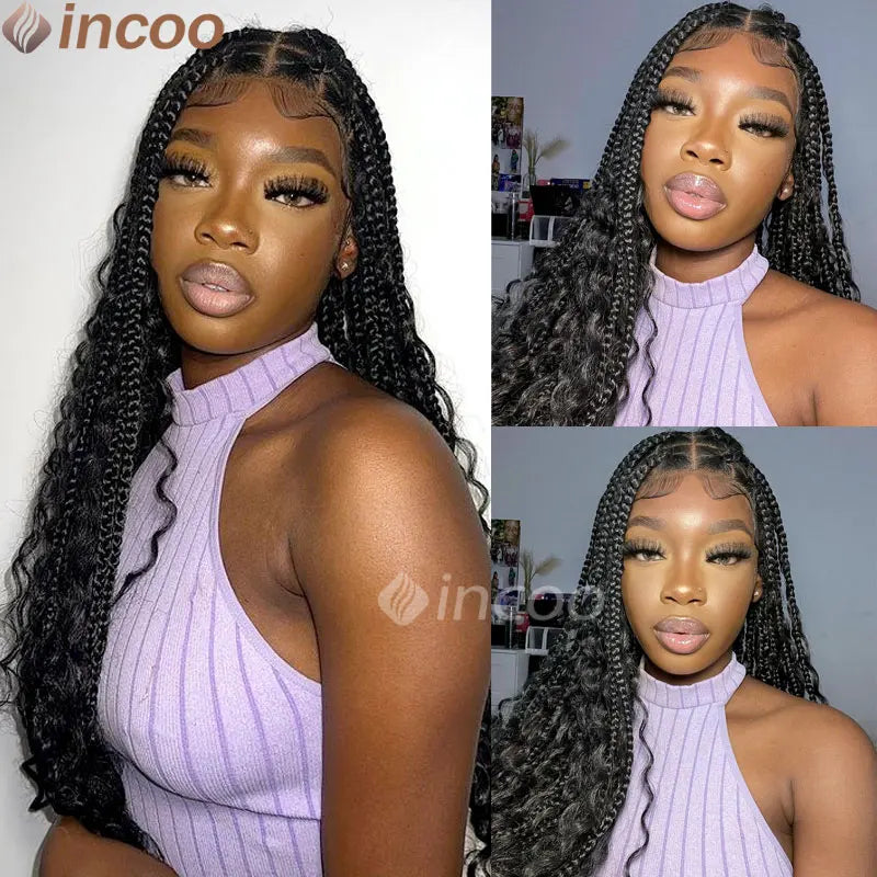 32" Full Double Lace Front Square Knotless Box Braided Wigs With Boho Curls Ends Box Braids Wig With Baby Hair Synthetic Wig 1B