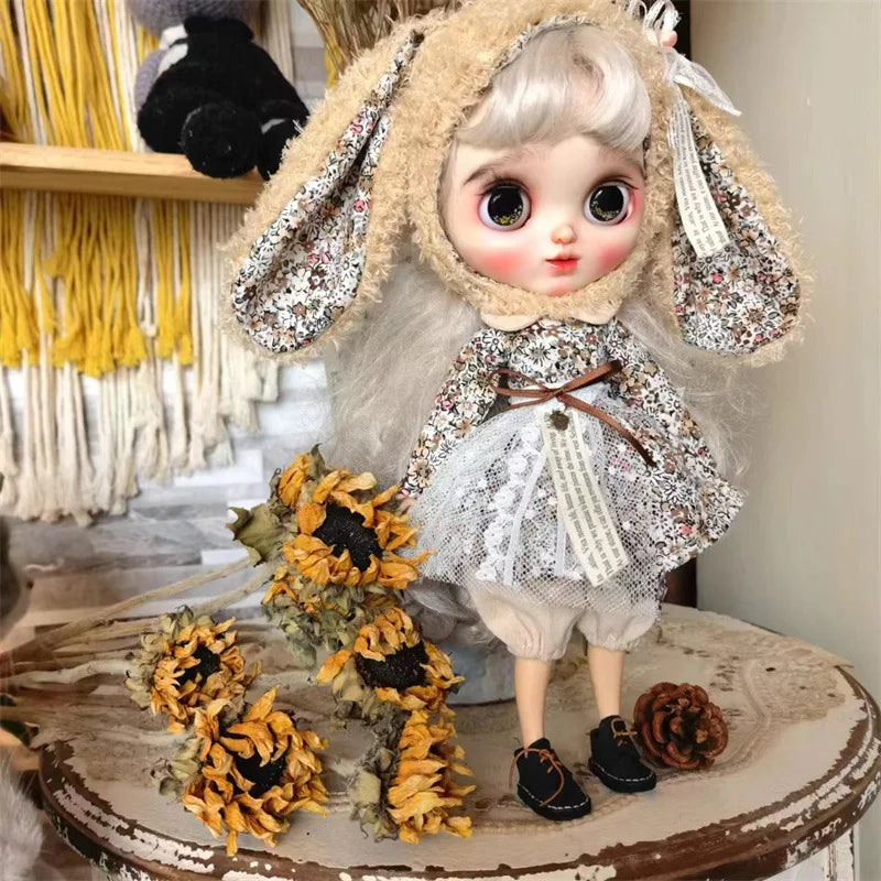 Handmade Doll Skirt Dress With Big Ear Rabbit Hat Doll Floral Patterned Dress For Blythes Ymy Licca Azones Ob24 Ob27 Fr Doll