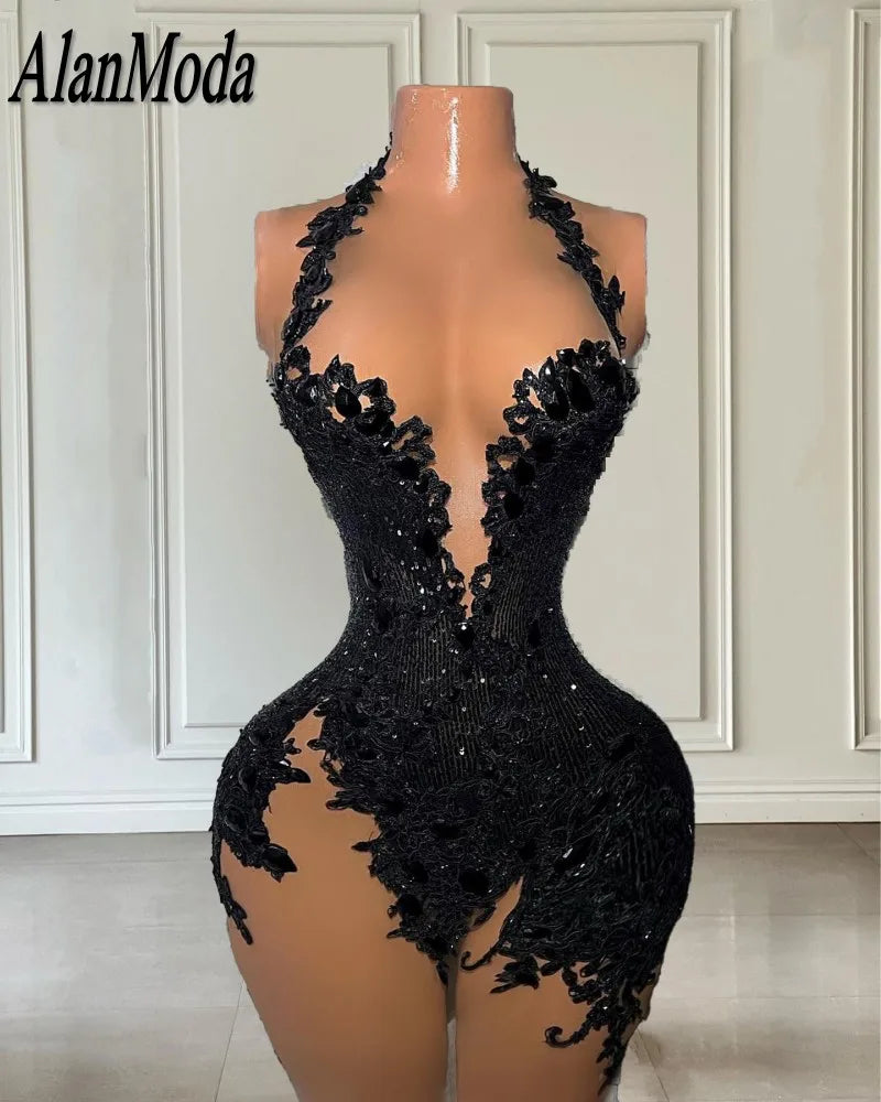 Sexy Little Black Party Dress 2023 Sequin Halter Mermaid Prom Gowns Lace Applique Vestidos De Graduación Cocktail Dresses