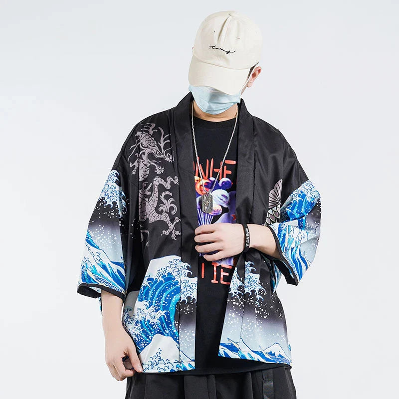 2023 Harajuku Kimono Jacket Japanese Kanagawa Great Wave Hip Hop Mens Streetwear Jacket Dragon Koi Fish Thin Gown Japan Style