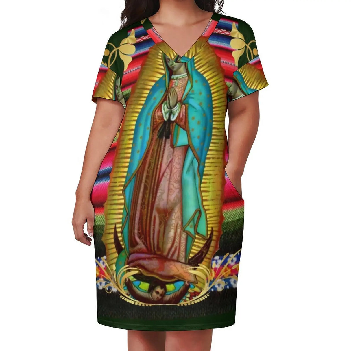 Virgin Mary Catholic Dress Short Sleeve Our Lady of Guadalupe Street Style Dresses Holiday Kawaii Casual Dress Plus Size Clothes