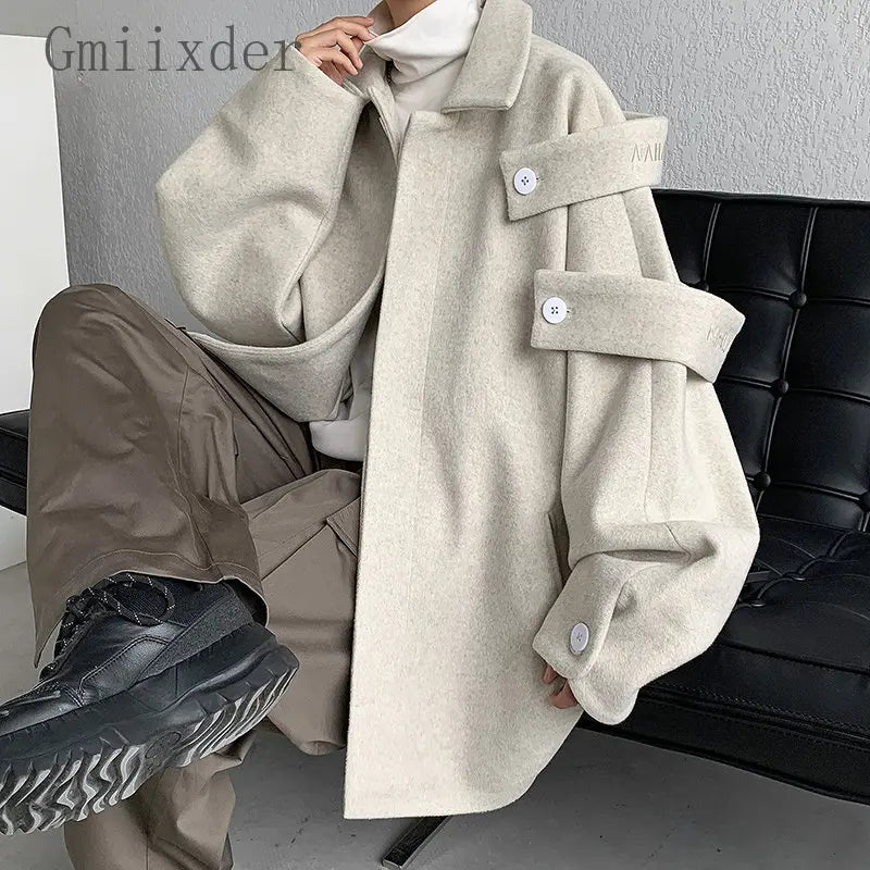 Gmiixder Streetwear Woolen Coat Men's 2023 Autumn Winter Minority Lapel Jacket American Retro Loose Casual Asymmetrical Jacket