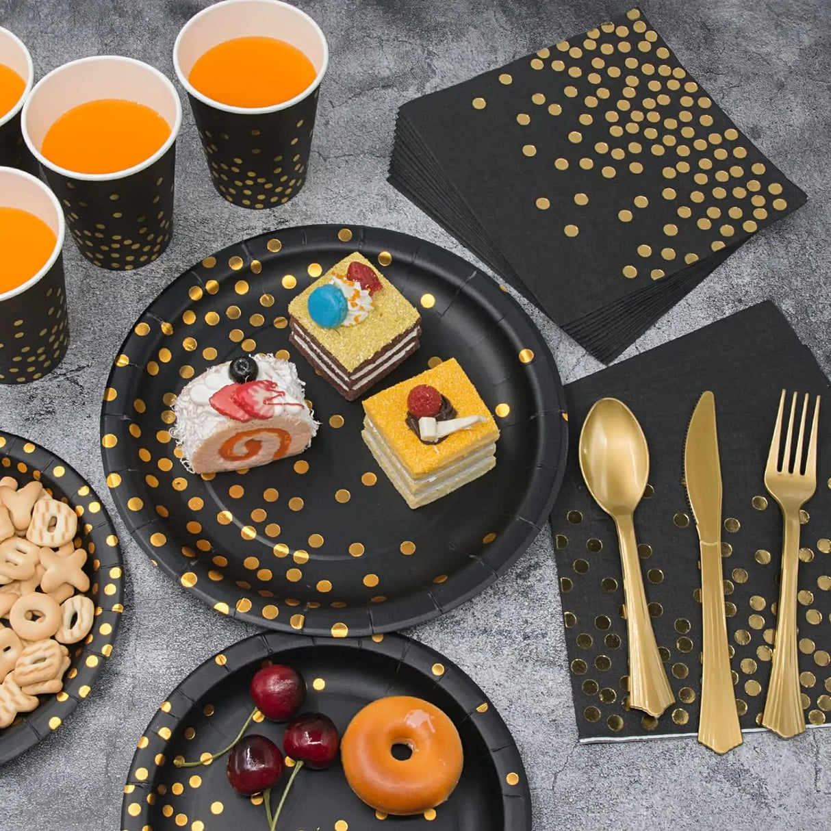 Black and Gold Party Supplies Polka Dot Plate Disposable Party Dinnerware Golden Spoon Fork Cup Tablecloth for Graduation