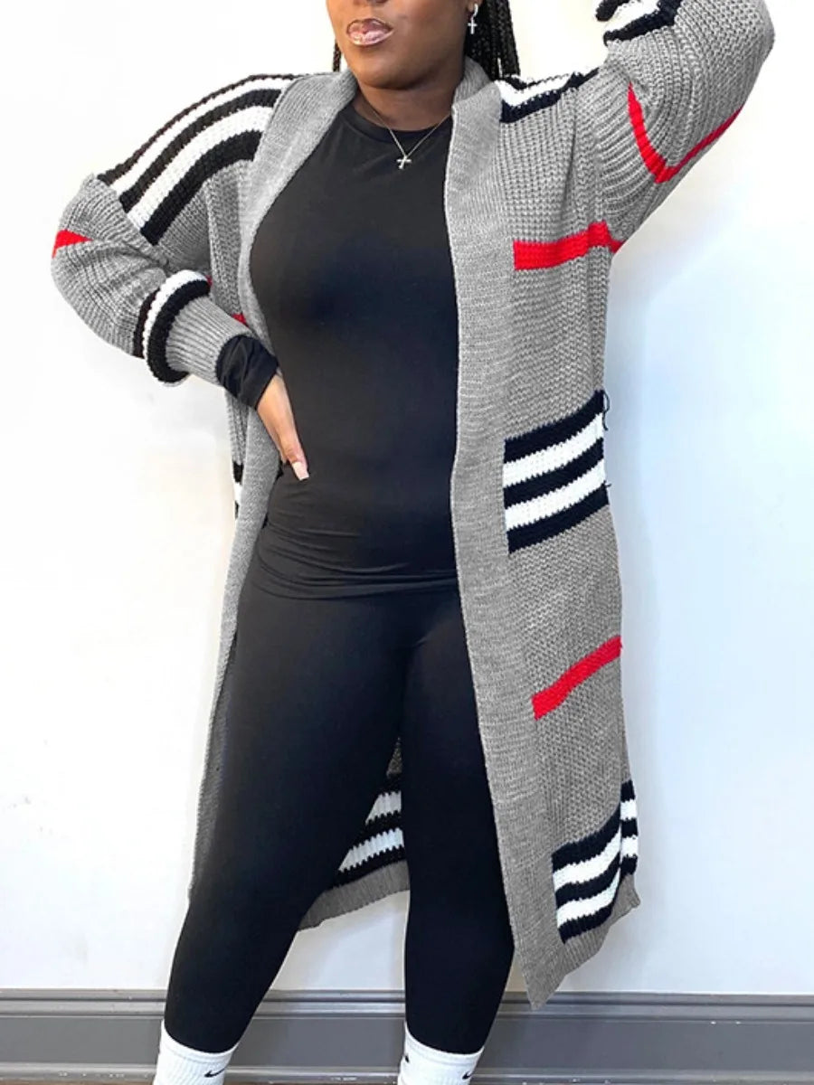 LW Plus Size coat Dropped Shoulder Striped Loose Cardigan 2023 NEW Women Sweaters Autumn/Winter long Knitted Cardigan Tops Coat