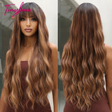 Long Curly Orange Brown Ombre Synthetic Wavy Wigs with Bangs Ginger Cosplay Party Wig for Women Afro Natural Hair Heat Resistant