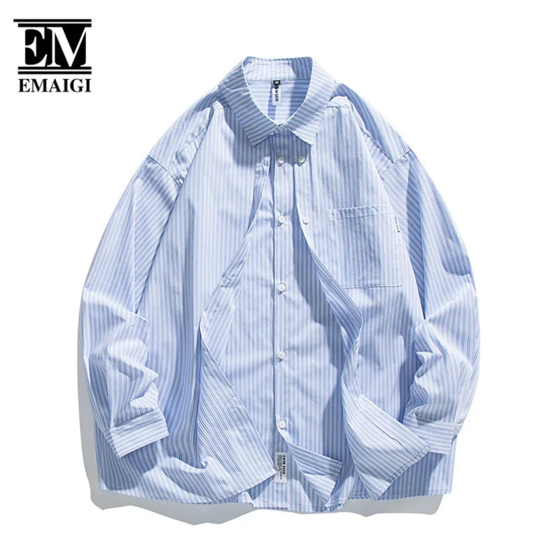 Double Breasted Placket Men's Loose Casual Long Sleeve Stripe Shirts Cityboy Japan Streetwear Fashion Cargo Shirt Blouse