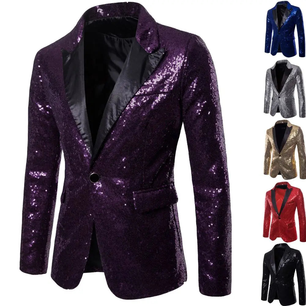 Men's Suit Round Sequin Pocket Single Row Button Wedding Groom Stage Show Hosting Dinner Menswear Bar Dance Casual Men Blazer