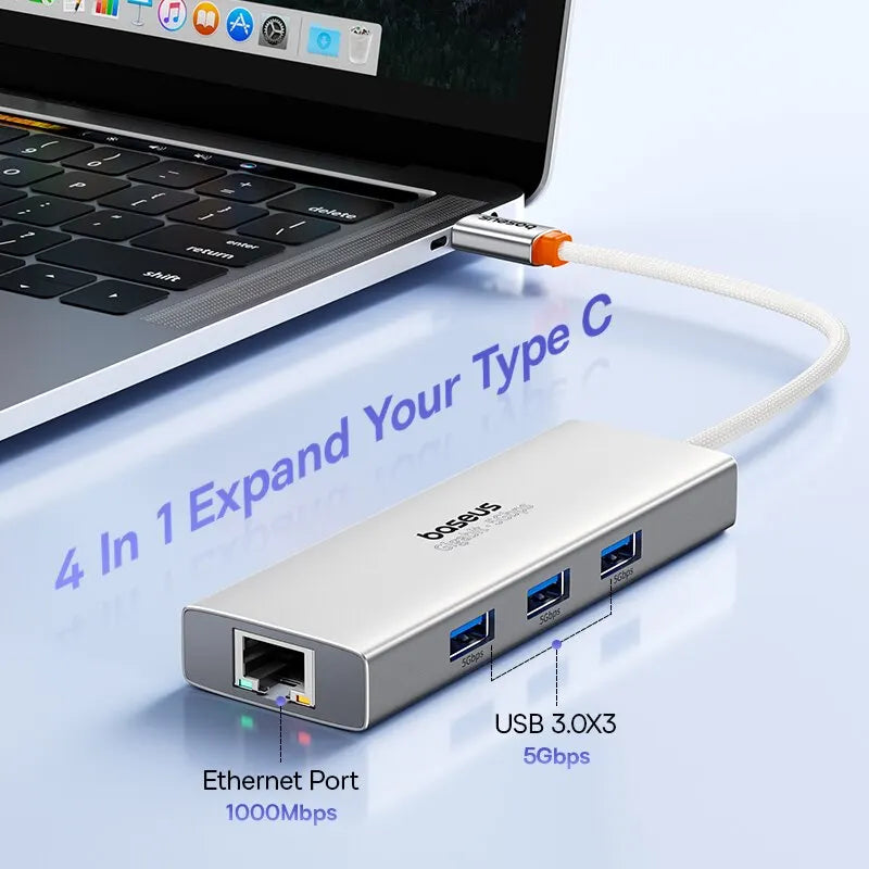 Baseus USB Hub With1000Mbps Ethernet Port 3* USB 3.0 Usb Adapter RJ45 Lan USB C Hub for PC Mi Box Macbook Laptop Accessories