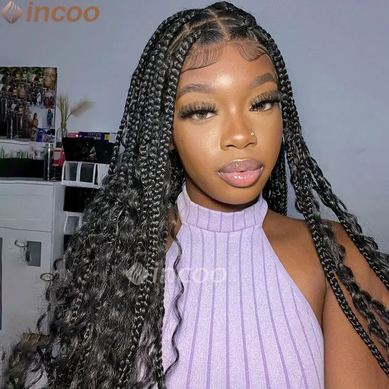 32 Inch Boho Box Braided Wigs Double Lace Front Goddess Locs Wig with Curly Ends Knotless Square Part Braided Wig with Baby Hair