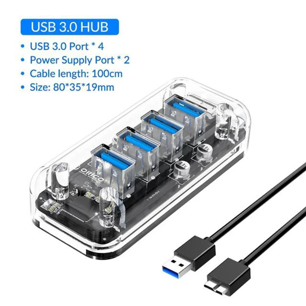 ORICO Transparent Series USB HUB Multi 4 7 Port High Speed USB3.0 Splitter With Micro USB Power Port For Laptop PC OTG Adapter