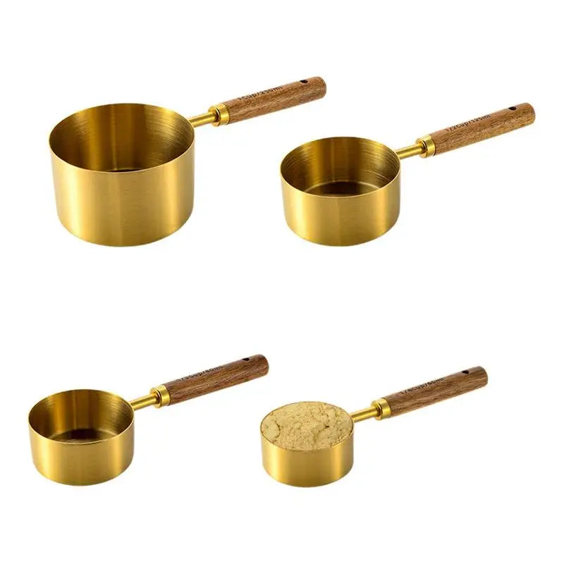 4pcs Stack Able Stainless Steel Measuring Spoons With Wood Handle Double-Scale Measure Cup For Kitchen Bakeware Measuring Tools