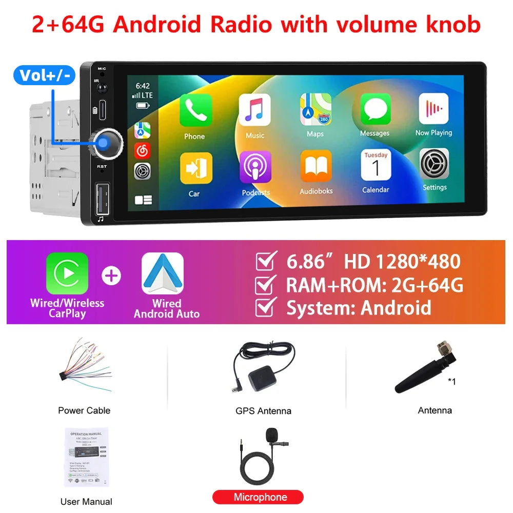 Podofo 9'' 1Din Android Car Radio Carplay Android Auto Automotive multimedia 2+64G Intelligent Car System Car Stereo